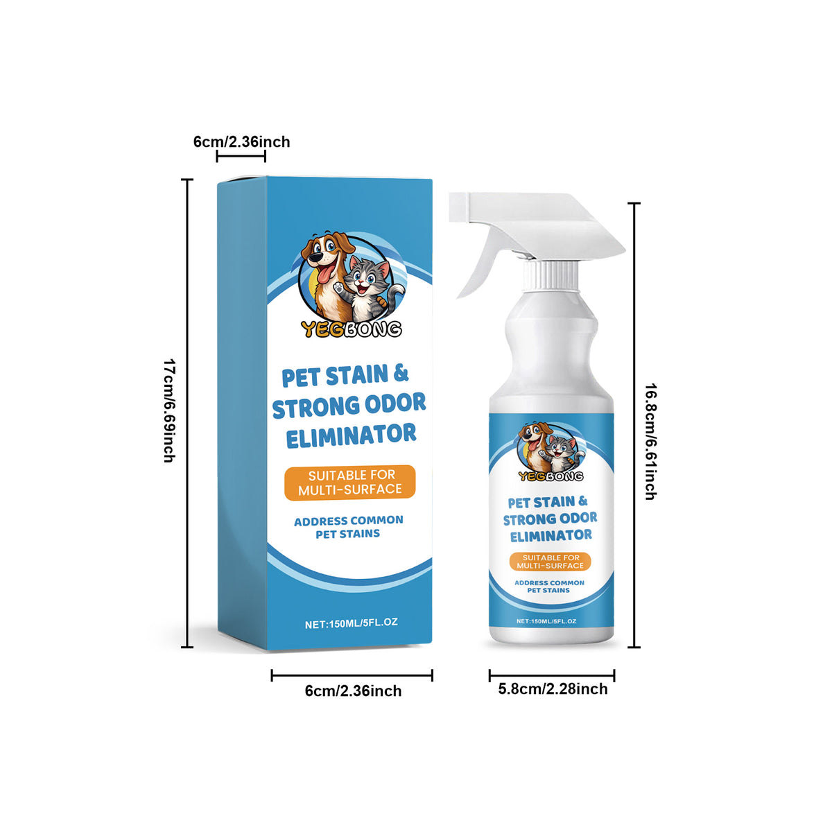 Célune pet stain spray bottle and box with dimensions