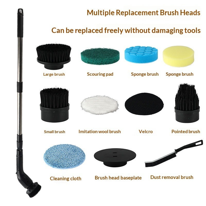 Black spin scrubber with its interchangeable brush heads and pads