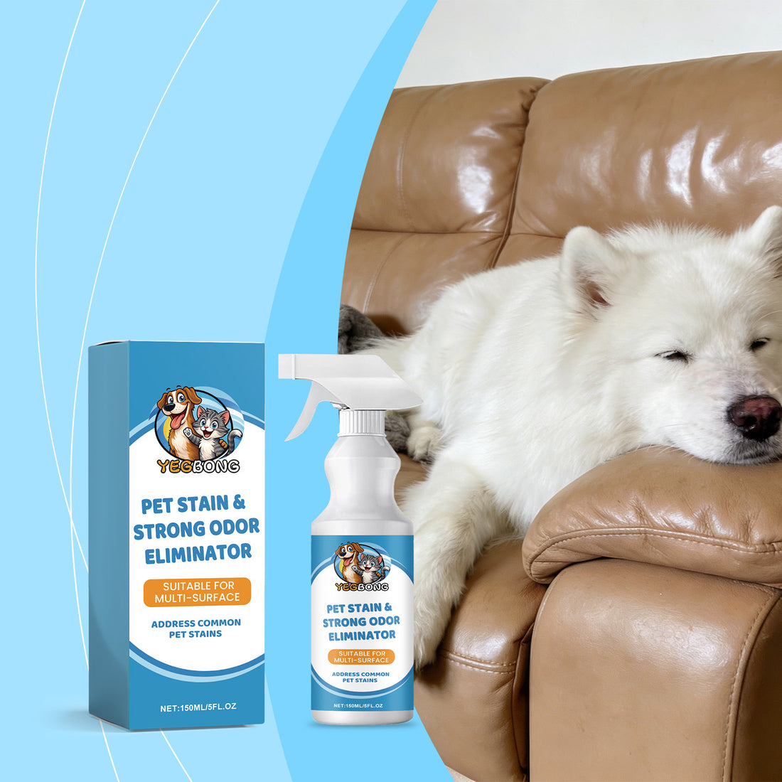 Pet stain spray next to a dog napping on a sofa