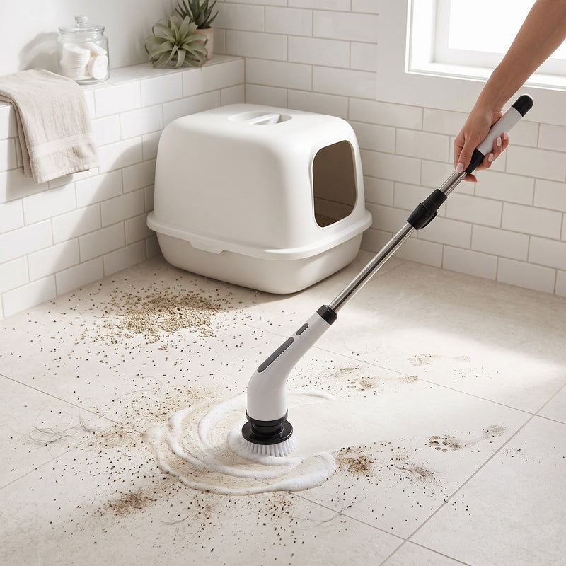 Electric spin scrubber on an extension pole cleaning scattered litter, pet hair and paw prints from a bathroom floor beside a litter box