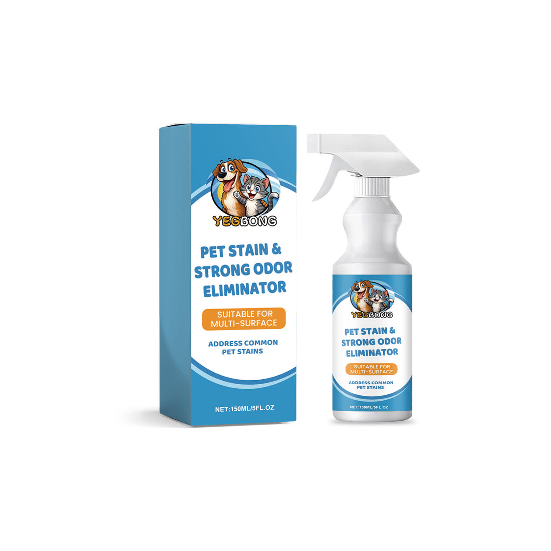Pet stain and odor eliminator spray bottle and box on white