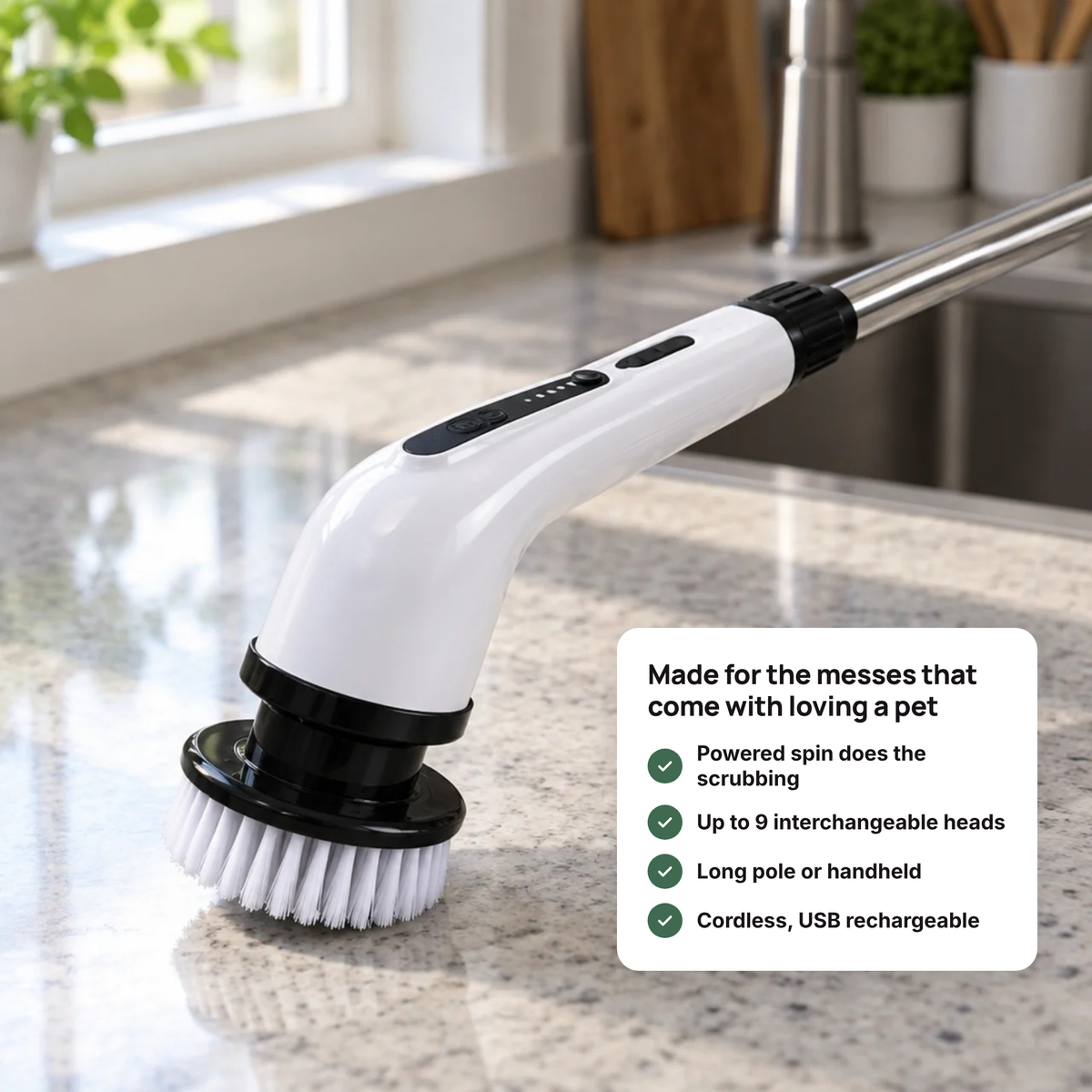 Célune 9-in-1 electric spin scrubber cleaning a pet mess on a hard floor