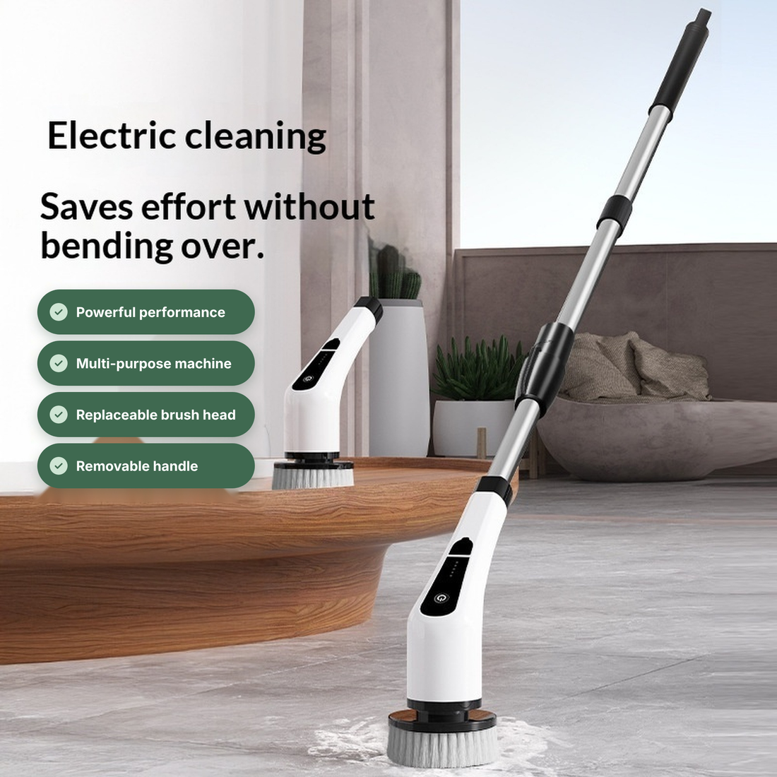 Electric spin scrubber shown with its extension pole, handheld, and interchangeable heads