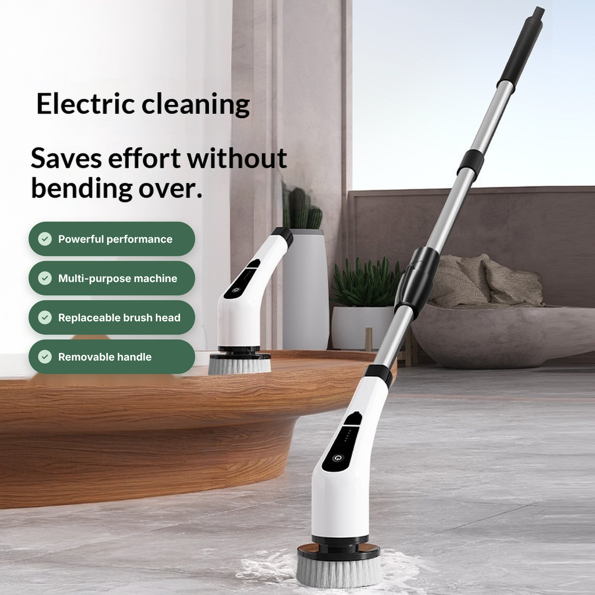 Célune 9-in-1 electric spin scrubber cleaning a pet mess on a hard floor