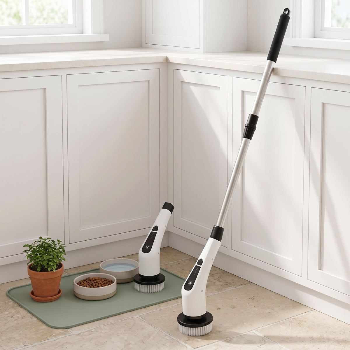 Célune 9-in-1 electric spin scrubber cleaning a pet mess on a hard floor