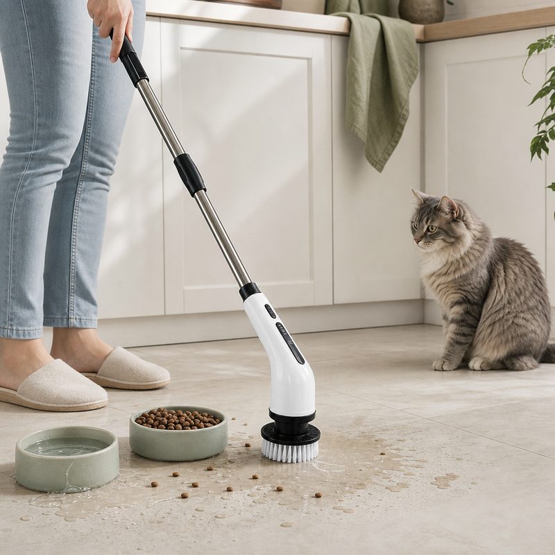 Spin scrubber on its extension pole cleaning spilled water and kibble crumbs beside pet bowls while a tabby cat watches