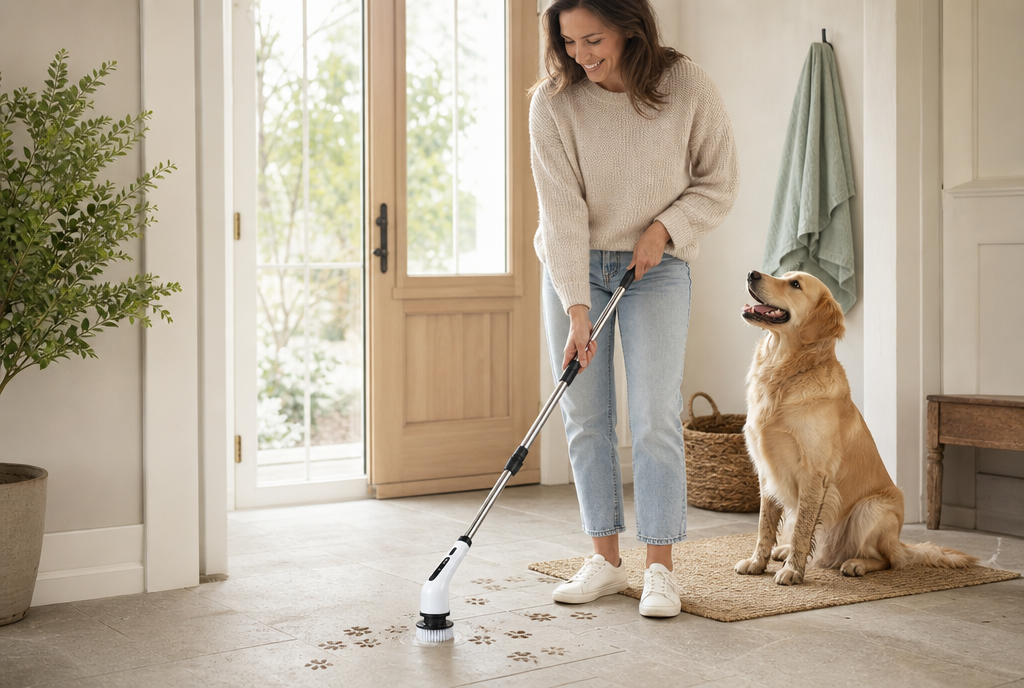 Pet parent standing upright while using the telescoping electric spin scrubber on muddy paw prints in a bright entryway as her golden retriever watches
