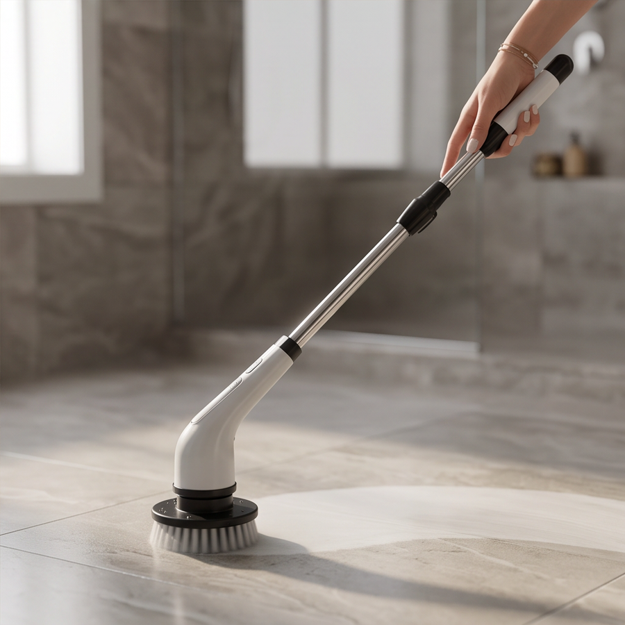 Handheld electric spin scrubber cleaning a dog crate tray