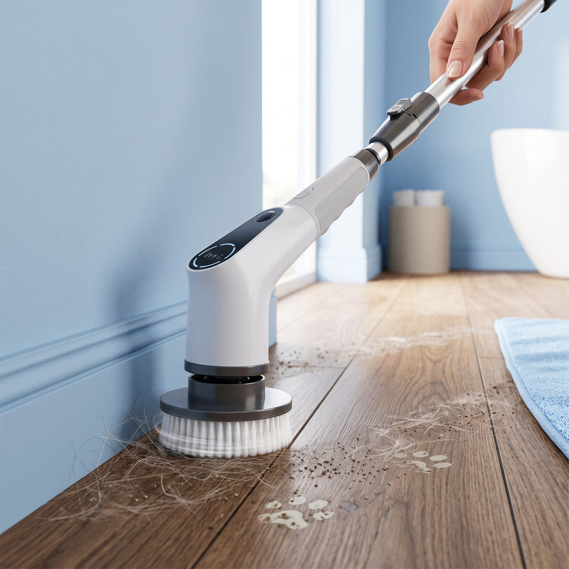 Spin scrubber working along a baseboard, lifting pet hair, dirt and paw prints from a wood floor